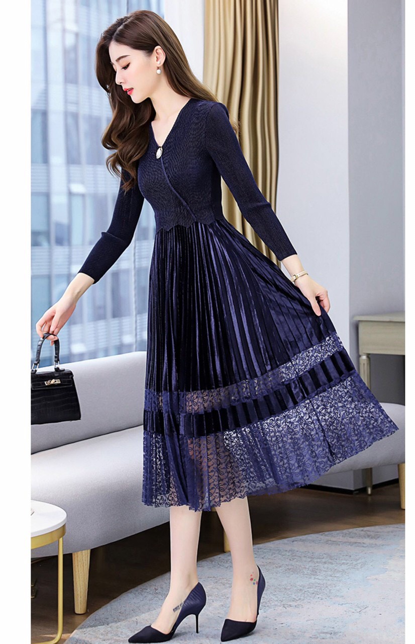 Đầm Dập Ly Chân Nhung Phối Ren - HN919